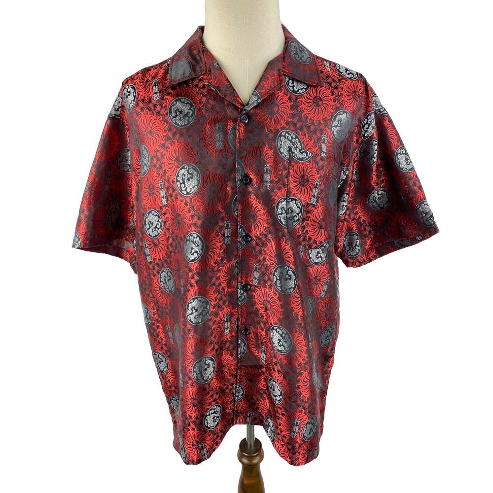 ODO Vtg Mens XL Dragon Satin AOP Button Shirt Short Sleeve Red Asian Skater‎